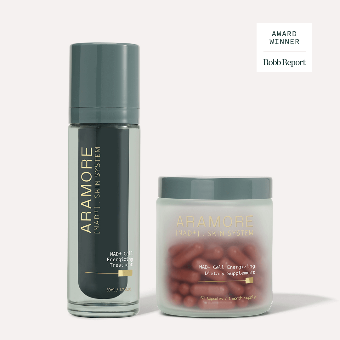 30 ml Aramore NAD+ Cell energizing treatment bottle and NAD+ Cell energizing supplement on white background with text saying Award Winner: Robb Report