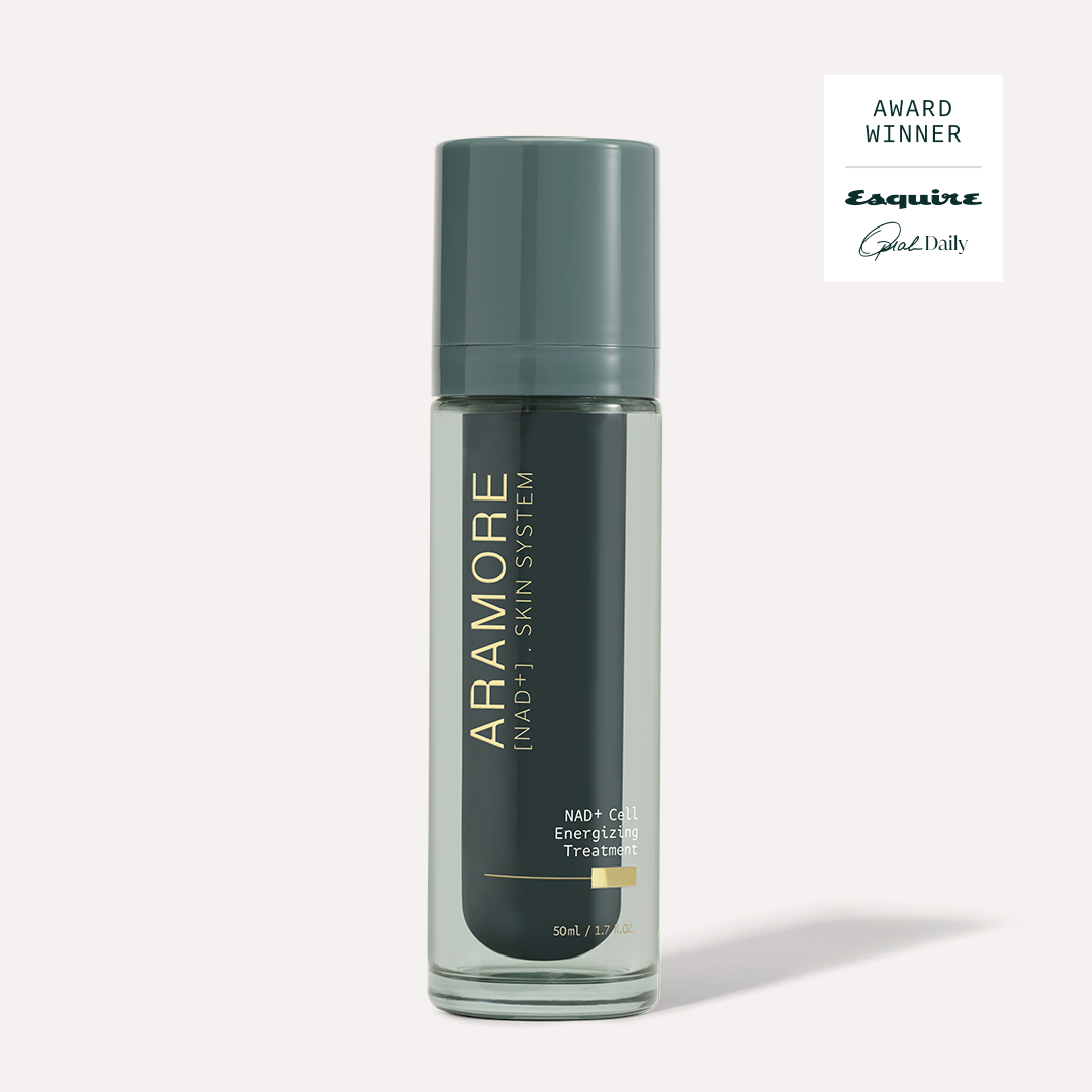 Aramore NAD+ Energizing skincare Treatment bottle on a white background with 'Esquire' and 'Oprah' award badges