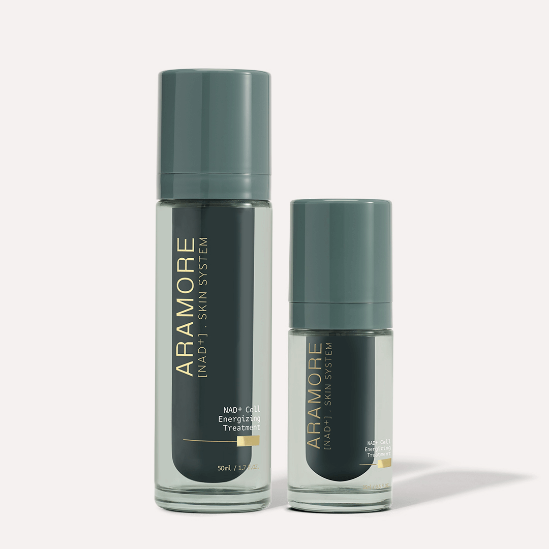 50ml and 15ml Aramore NAD+ Cell Energizing Treatment skincare bottles on a white background