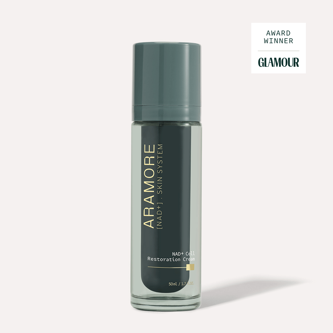50 ml Aramore NAD+ Cell Restoration Cream bottle on a white background with text saying Award winner glamour