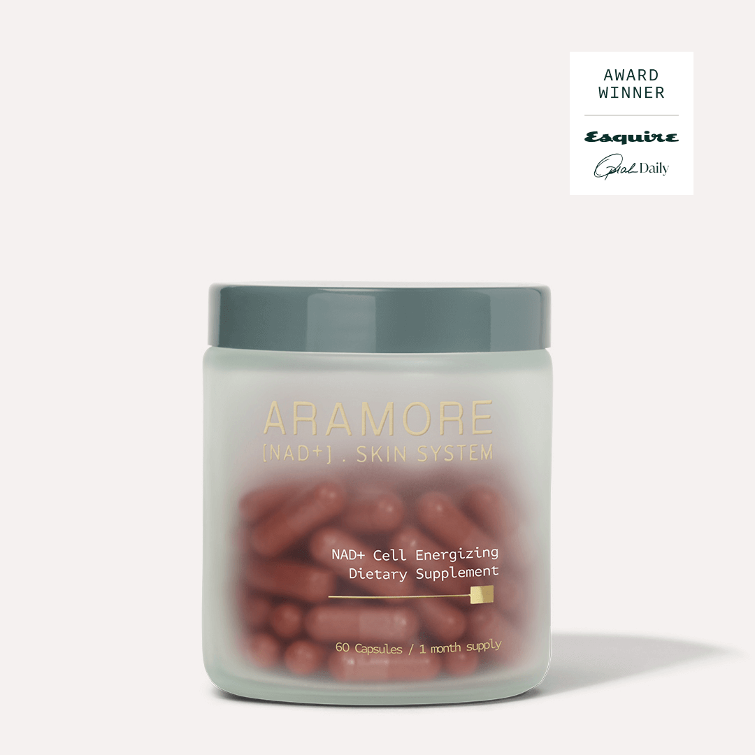 Aramore NAD+ Cell Energizing  precursor supplement container with red capsules on a white background