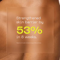 Text overlaid on top of healthy skin indicating a 53% increase in skin barrier strength after 8 weeks.