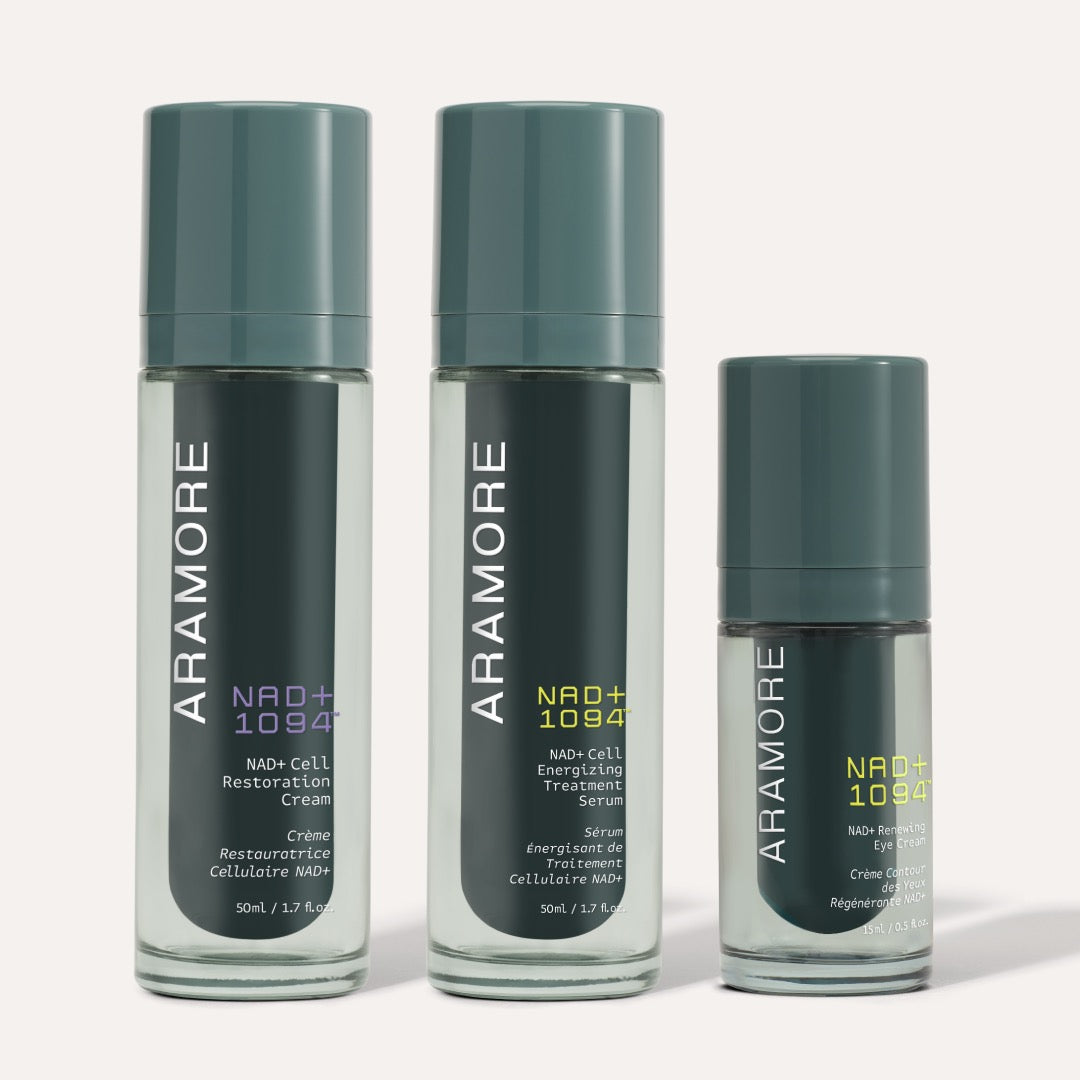 NAD+ Trio of Restoration Cream, Energizing Treatment and Eye Cream on a cream background