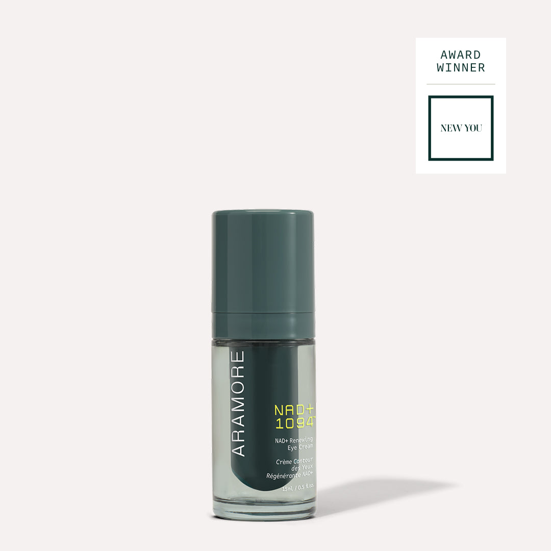 NAD+ Renewing Eye Cream on a cream background with a badge highlighting an award from New You