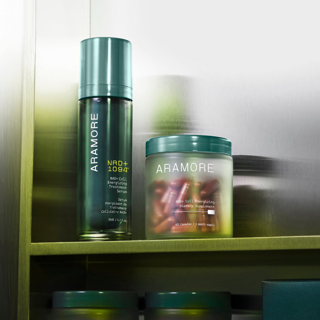 NAD+ Cell Energizing Treatment next to NAD+ Cell Energizing Supplement on a silver metal shelf