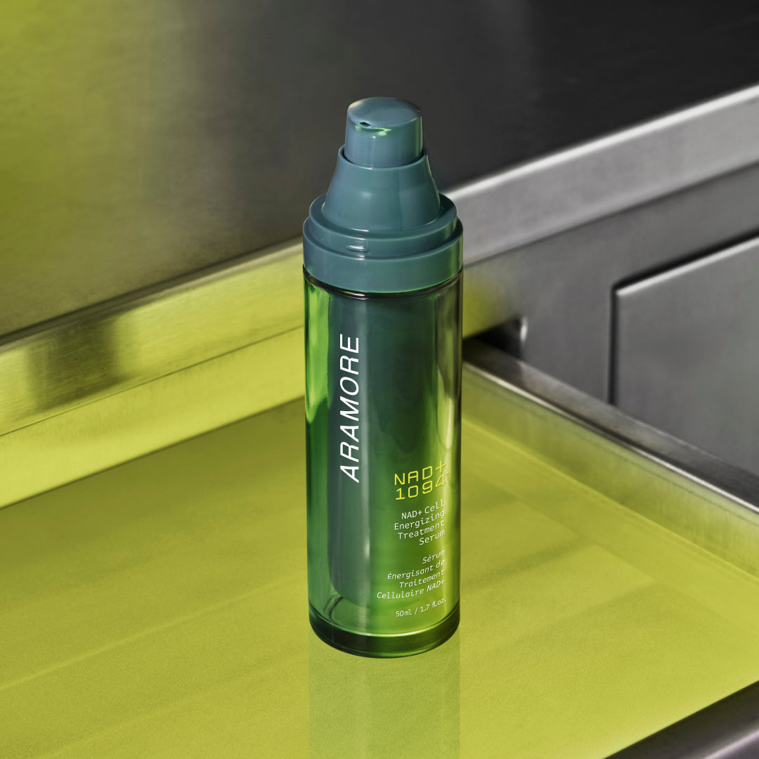 NAD+ Cell Energizing Treatment on a metal shelf with neon green lighting 