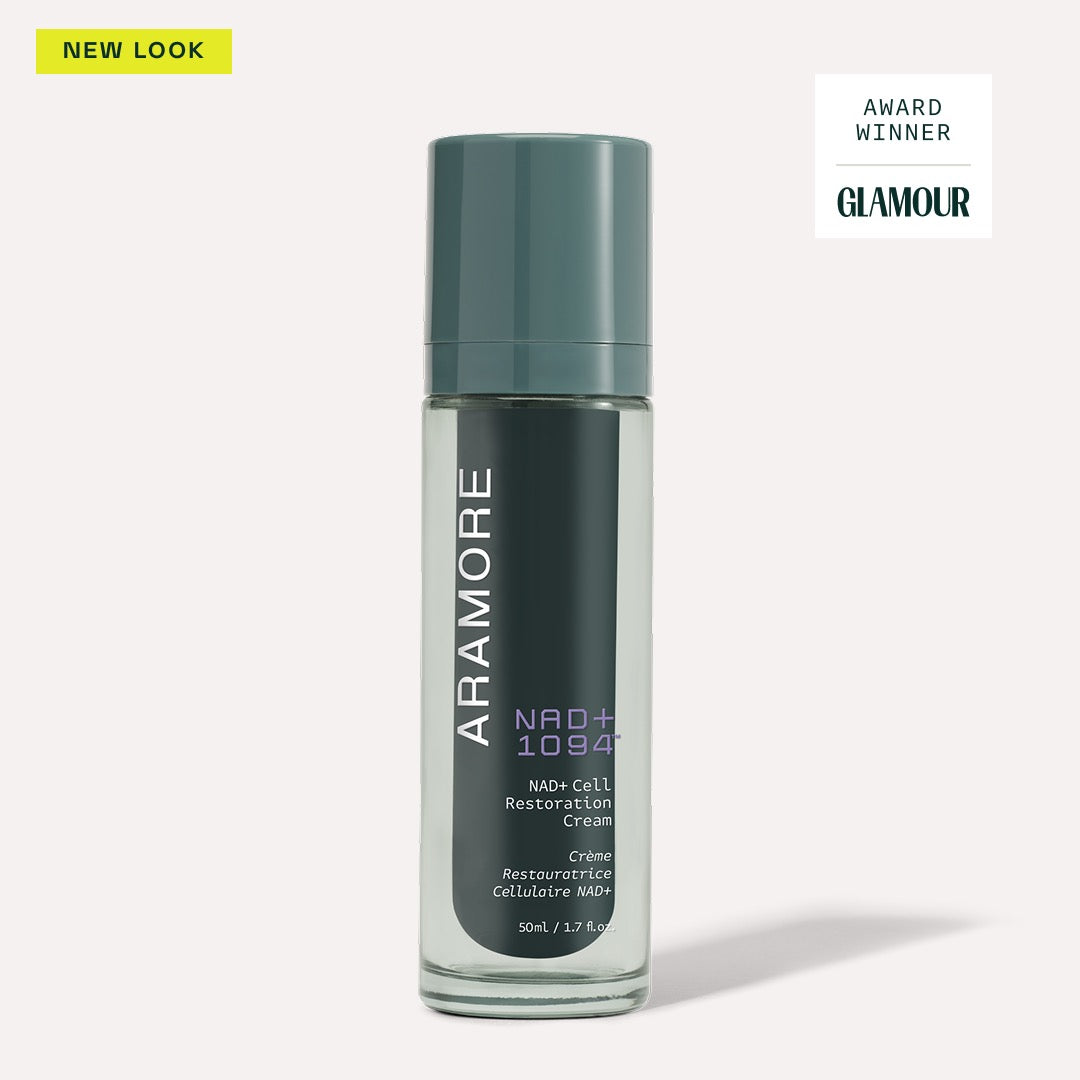 NAD+ Cell Restoration Cream on a cream background with a badge highlighting an award from Glamour