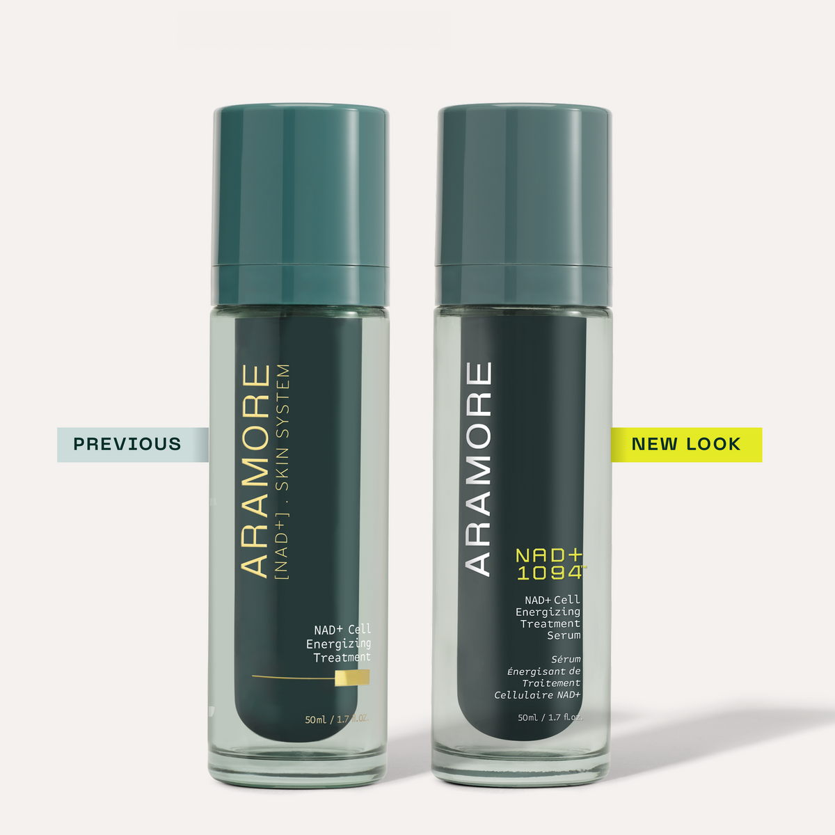 New packaging for NAD+ Energizing Treatment alongside previous packaging