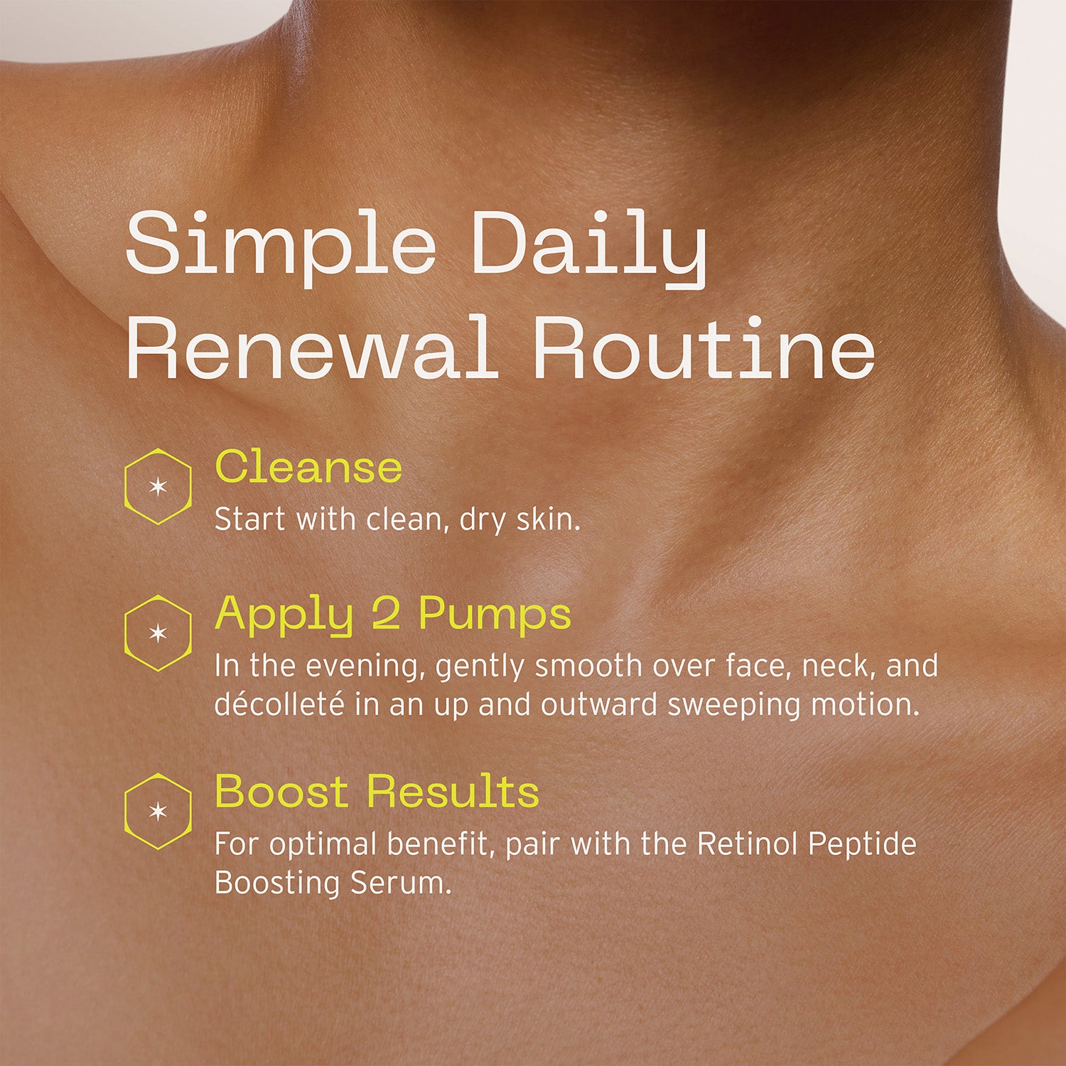 Usage instructions for Restoration Cream overlaid on top of close-up image of skin