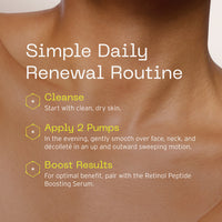 Usage instructions for Restoration Cream overlaid on top of close-up image of skin