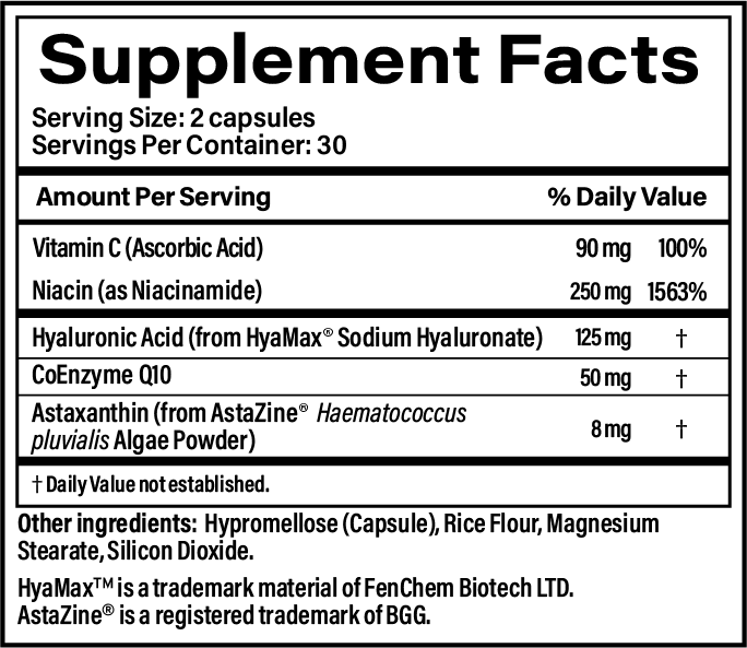 Supplement facts label showing vitamin and ingredient information for a capsule product.